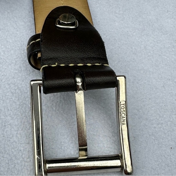 Via Veneto Belt Men’s 36 Brown‎ Genuine Leather Silver Buckle Contrast Stitching - Picture 5 of 10